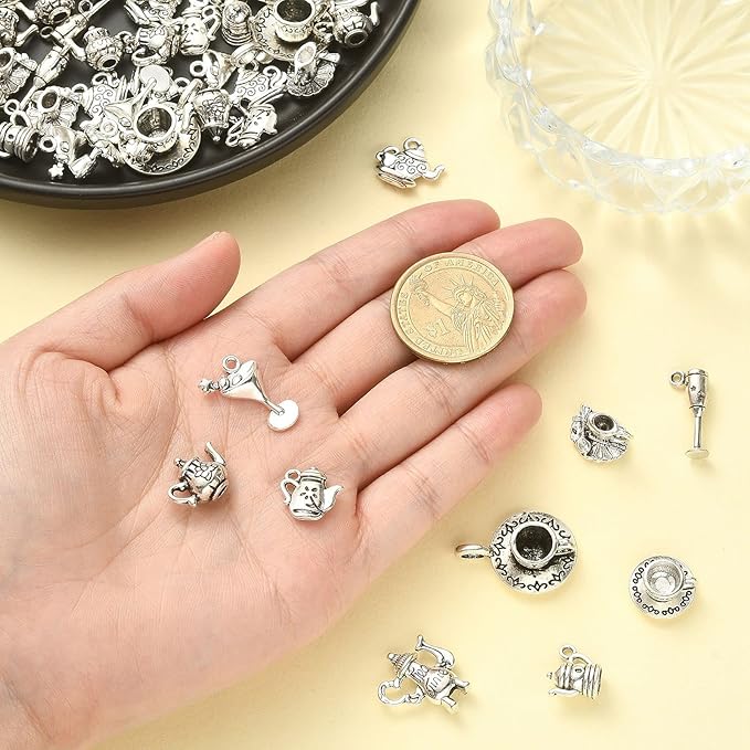 DanLingJewelry 100Pcs 10 Styles Antique Silver Afternoon Tea Theme Charms Tea Cup and Teapot Coffee Mug Charms DIY Jewelry Making