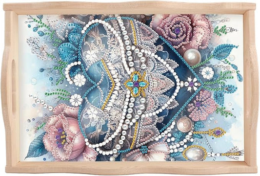 AiYuanzsh DIY Diamond Art Wooden Tray with Handle, Blue Jewel Heart with Flowers Design, Diamond Painting Mosaic Kit, Creative Craft Diamond Art Tray for Coffee Table and Home Organizer