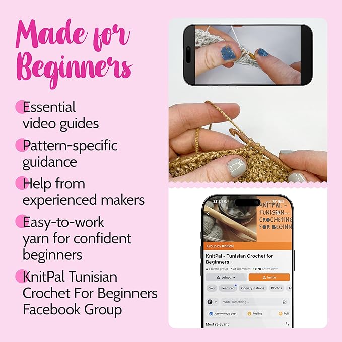 KnitPal Everyday Joy Tunisian Crochet Dishcloth Kit for Confident Beginners – Make 4 Reusable Dishcloths – Cotton Yarn, Tunisian Crochet Hook, 2 Patterns & Video Tutorials (Camel Brown+Flamingo Pink)