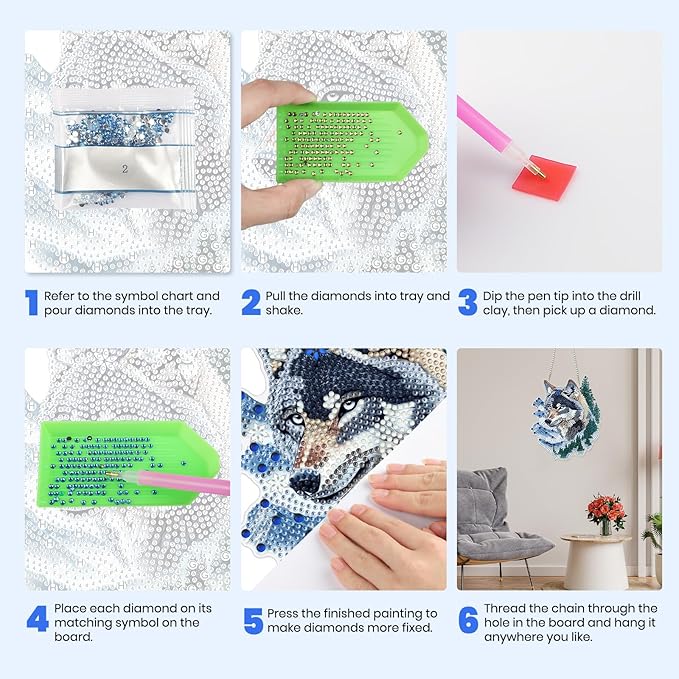 MXJSUA Forest Wolf Diamond Art Hanging Kits for Adults Beginners, DIY Acrylic Special Shaped Crystal Diamond Gem Drills Pendant Art Painting Ornament for Home Wall Decor Gift 8x8 inch