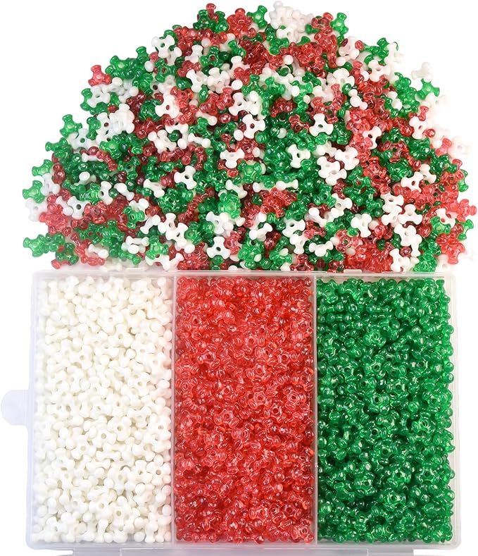 2400Pcs Christmas Tri Beads, Christmas Tri Shaped Beads Red Green White Triangle Beads for Craft Wreath Candy Cane-Xmas Holiday Tree Decorations Beaded Ornament Kit