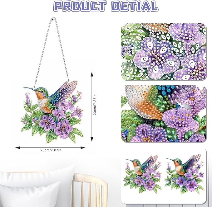 KEYIFA Hummingbird Diamond Painting Kit, DIY Flower Diamond Art for Adults, Diamonds Painting Pendant Special Shaped Rhinestone Window Hanging Ornaments Home Garden Wall Door Decoration, 20cm Width