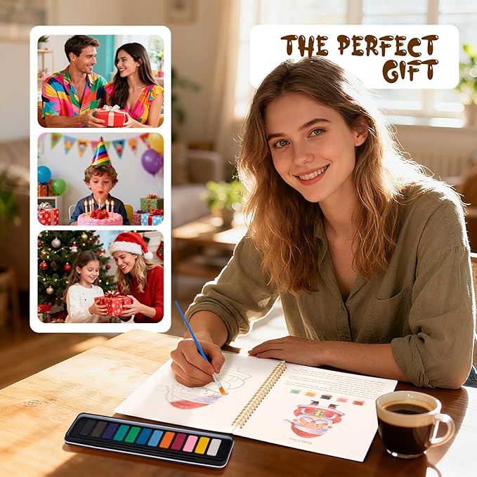 Watercolor Workbook for Adults, Beginner Friendly Watercolor Painting Kit Christmas Water Coloring Book, Nature-Themed Practice Art Gift Water Color Paint Book with Palette and Brush