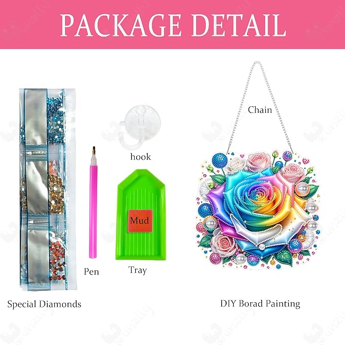 Yunzlly DIY Hanging Diamond Art Pendant Kit, Special Crystal Double Sided Diamonds Painting Ornament Kit for Adults, Acrylic Gem Painting Board for Window&Door&Wall (Rose Flower)