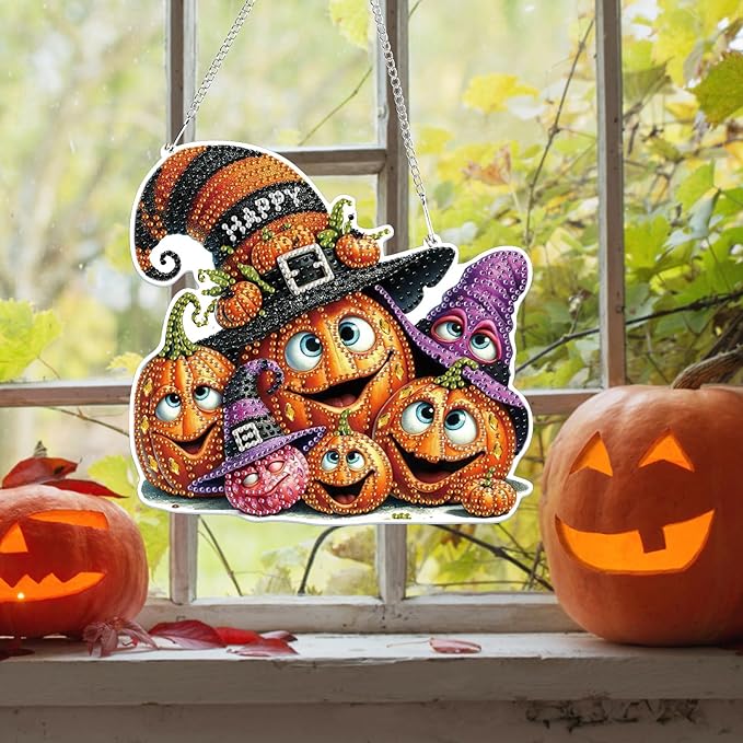 Bowetile Halloween Diamond Art Hanging Kits for Adults, Pumpkin Diamond Art Suncatchers, 5D Special Shape Diamond Painting Pendant Window Ornament Halloween Gifts for Home Garden Door Wall Decor