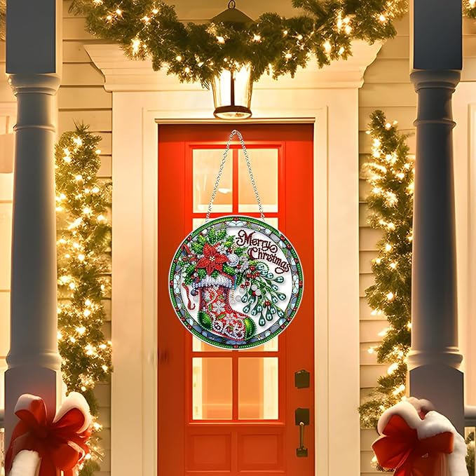 Diamond Art Hanging Kits for Adult, Christmas Diamond Art Crafts Decor, 5D DIY Acrylic Diamond Art Painting Ornaments, Window Pendants Wall Hanging Kits for Home Garden (Socks)