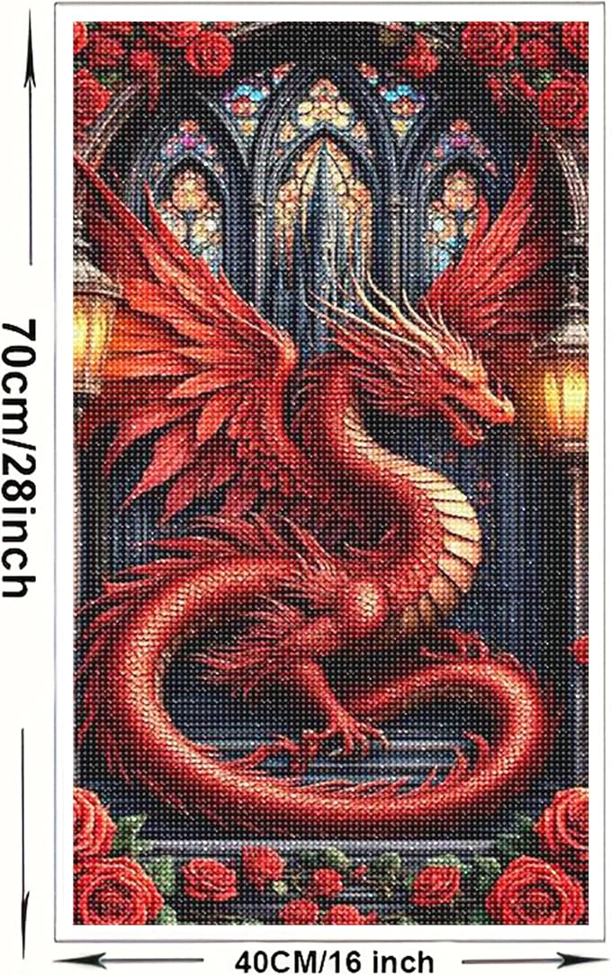 KUFWKEY Fantasy Dragon Diamond Art Kits for Adults,Gothic Stained Rose Diamond Painting Kits,Full Round Diamond Mosiac Kits,DIY Handicrafts,Gem Art and Crafts,Large Size 16x28inch