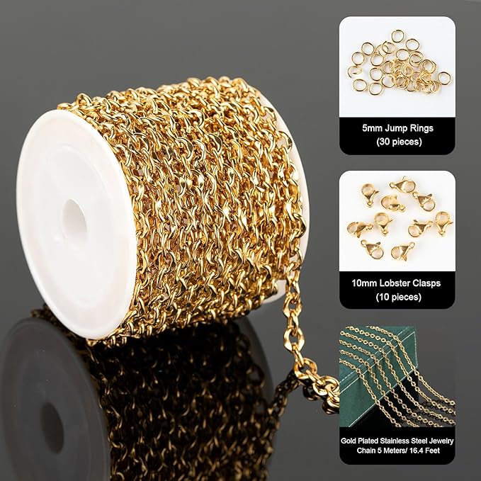 UMAOKANG 16.4 Feet Stainless Steel Jewelry Making Supplies Gold Plated Lip Chain Jewelry Making Chains Bulk