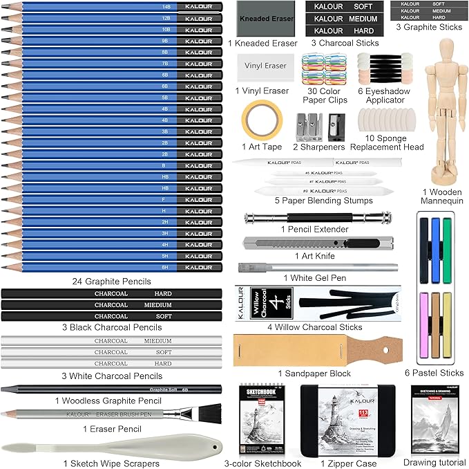 KALOUR 113PCS Drawing Set, Professional Sketching Kit with 3-Color Sketchbook,Graphite & Charcoal Pencils, Wooden Mannequin, Art Tools in Zipper Case, Art Supplies for Beginners & Artists Gift