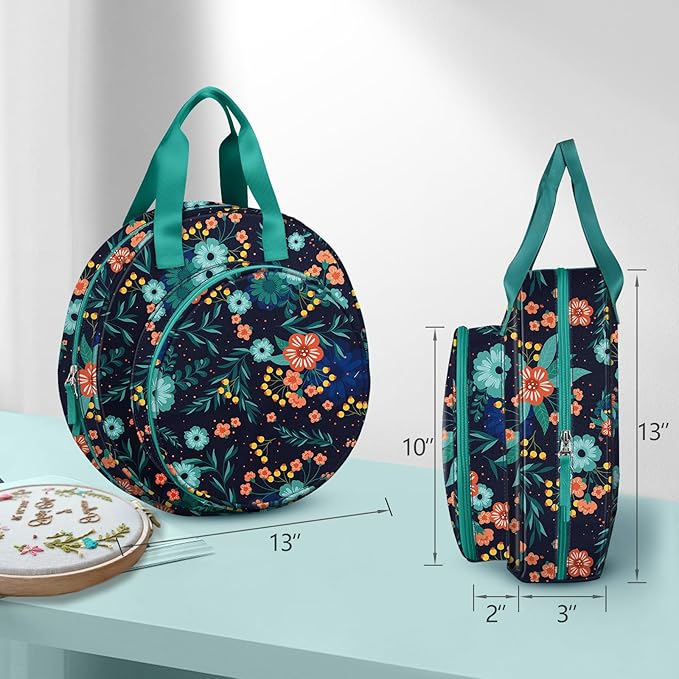 FINPAC Embroidery Project Bag, Embroidery Supplies Storage Carrying Tote Case with Multiple Pockets for Floss, Hoops, Thread, Stitch Tools Kit [Bag Only], Navy Bloom