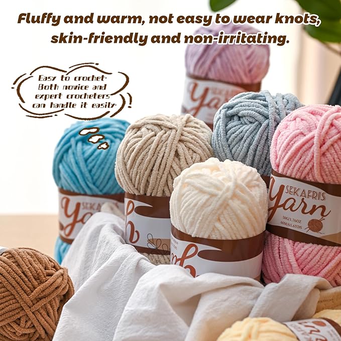 Fluffy Velvet Yarn for Crocheting，Baby Blanket Yarn for Crocheting Soft，50g(65.6yds) Amigurumi Yarns，Plush Chenille Crochet Yarns，Puzzle Yarn for Crochet Weaving Craft(White)