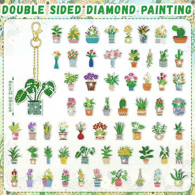 Huquary 60 Pcs Diamond Art Keychains Potted Plants Diamond Painting Keychain Kits for Adults Double Sided 5d Rhinestones Spring Hanging Key Chains Ornaments for Beginners DIY Crafts Party