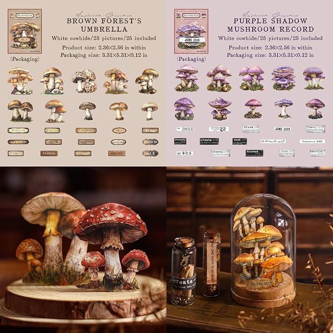 Doukado 150 PCS Vintage Natural Simulated Mushroom-Themed Scrapbook Stickers, Aesthetic Decorative Coloful Mushroom Stickers for Scrapbooking, Journaling, Creative Journal Supplies and DIY Crafts