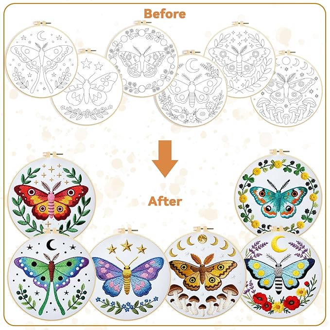 BEUNITONE 6 Set Butterfly Embroidery Kit for Adults Beginners, DIY Needlepoint Craft Kits with Instructions and Hoops, Complete Starter Set for Adults, Funny Hand Embroidery for Fabric and Home Decor
