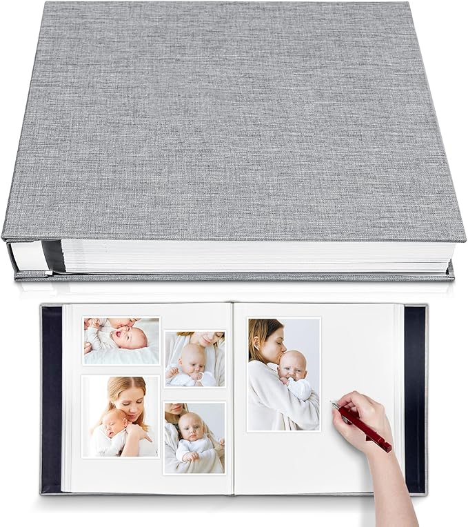 Large Photo Album Self Adhesive 4x6 8x10 10x12 13"x12.8" Magnetic Scrapbook 12.6"x11" Inch 60 Sticky Pages Linen Cover DIY Photo Album with A Metallic Pen and DIY Stickers(Grey)
