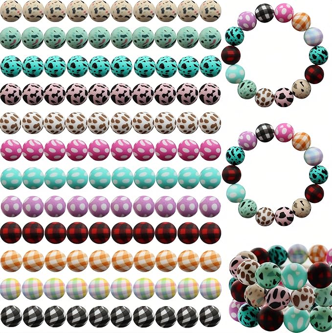 120pcs Richbunnys 15mm Bulk Silicone Beads for Pens and Keychain Making,Large Bead for Necklace and Bracelets Making,Assorted Rubber Beads Set（Print Graphics）