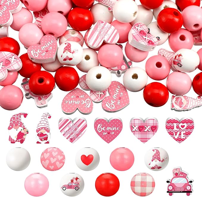 Waydress 200 Pcs Valentines Day Wooden Beads Hearts Beads Pink Red Farmhouse Beads Colorful Round Wooden Beads Natural Loose Beads for DIY Crafts Garland Wedding Home Decor