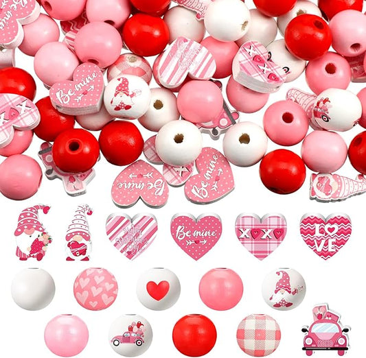 Waydress 200 Pcs Valentines Day Wooden Beads Hearts Beads Pink Red Farmhouse Beads Colorful Round Wooden Beads Natural Loose Beads for DIY Crafts Garland Wedding Home Decor