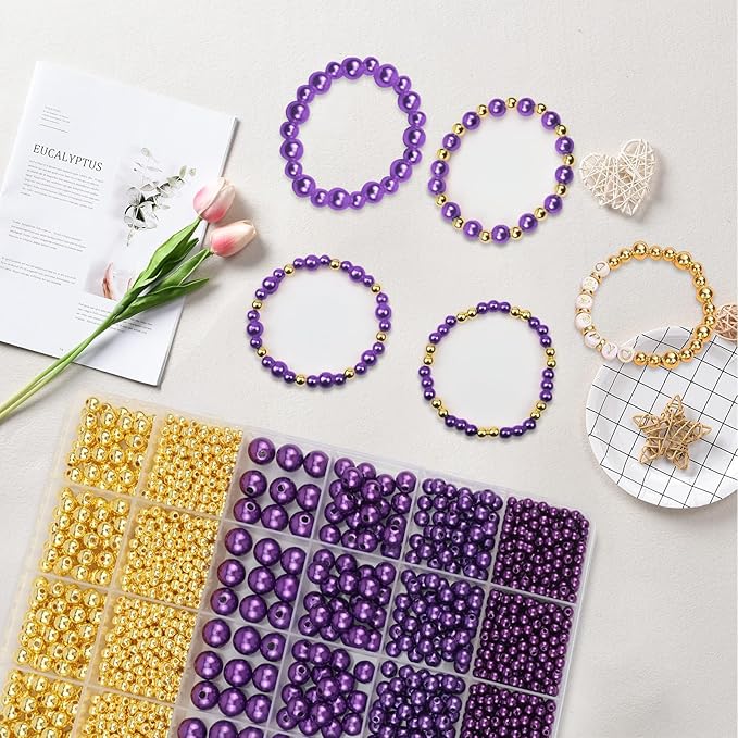2116 PCS Pearl Beads for Bracelet Making Kit Gold Beads for Jewelry Making Kit Gold Small Spacer Bead Dark Purple Pearl Bead for Crafting Charms Necklace Earrings DIY Craft for Women Adult