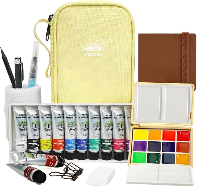 Funto Mini Watercolor Travel Set, 12-Color Refillable Travel Art Kit, All-in-One Mini Paint Supplies with Bag, Art Craft for All, Portable Water Color Paint for Beginners, lovers and Artists