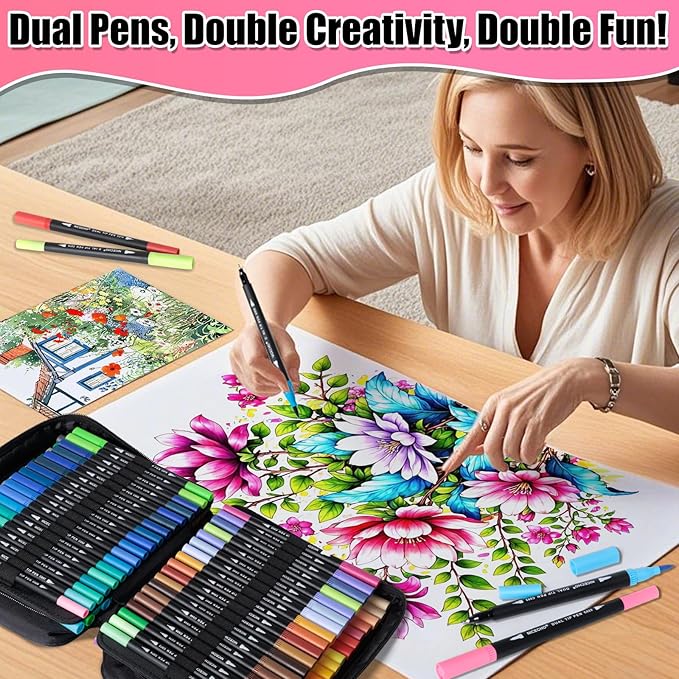 Art Supplier Dual Brush Markers Pens, 110 Artist Coloring Marker Set, Fineliner & Brush Tip Pen with Premium Case for Adults Coloring Books & Journal, Drawing, Doodlin