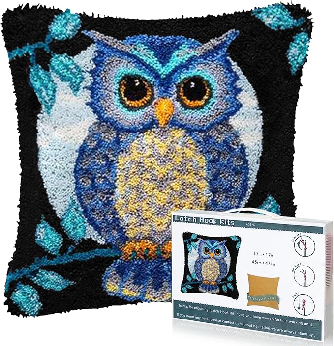EsLuker.ly Full Moon Owl Latch Hook Pillow Kit for Adults Beginners, DIY Throw Pillow Cushion Cover Making Set with Pre-Printed Canvas & Crochet Yarn, Creative Latch Hook Craft Kits for Home Decor