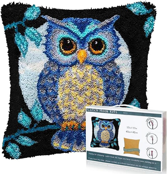 EsLuker.ly Full Moon Owl Latch Hook Pillow Kit for Adults Beginners, DIY Throw Pillow Cushion Cover Making Set with Pre-Printed Canvas & Crochet Yarn, Creative Latch Hook Craft Kits for Home Decor
