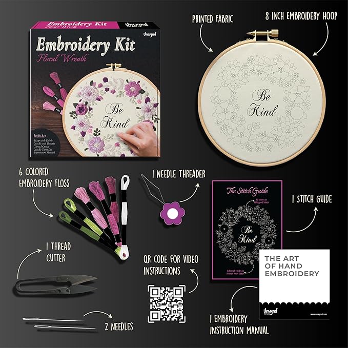 Unwynd Embroidery Kit Floral Theme for Beginners, Satin Stitch Hand Embroidery Kit for Adults, Easy DIY Crafts, Starter Set with Flower Pattern (Floral)
