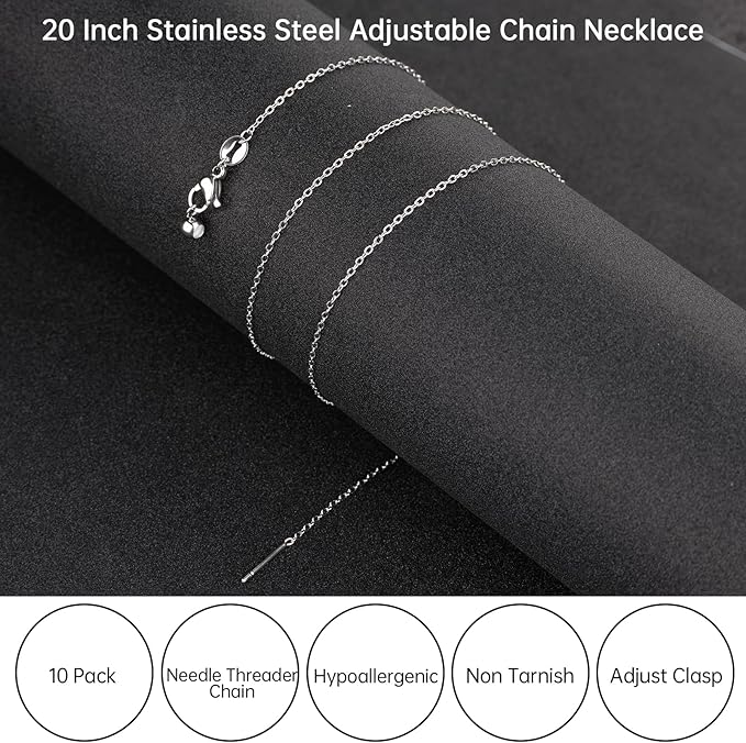 GTVOODX 10pcs Silver Adjustable Necklace Chain Stainless Steel Link Cable Chain Bulk with Needle Threader Lobster Clasps for Jewelry Making