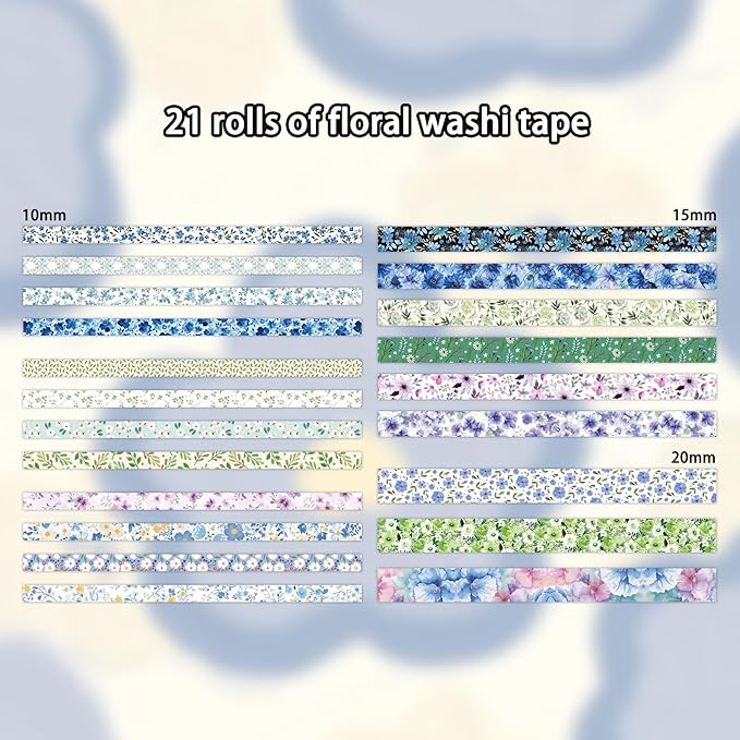 21 Rolls Floral Washi Tape Set - Vintage Floral & Leaf Pattern Decorative Tape for Scrapbooking, Journaling, Junk Journal, Craft Supplies, Gift for Handmade Lovers