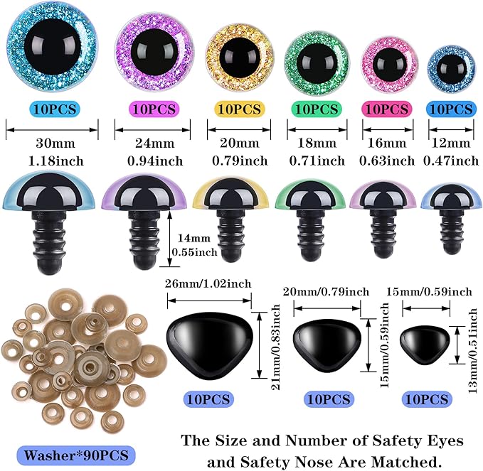 UPINS 180Pcs Safety Eyes and Noses for Amigurumi Large Plastic Craft Crochet Eyes for Stuffed Animals DIY Puppet Bear Toy Doll Making Supplies