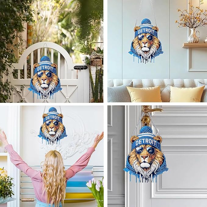 DIY Diamond Art Hanging Kit for Adult,Acrylic Diamond Art Painting Window Pendants Home Garden Wall Hanging Kits Hanging Ornament,Football Style (Detroit Blue)