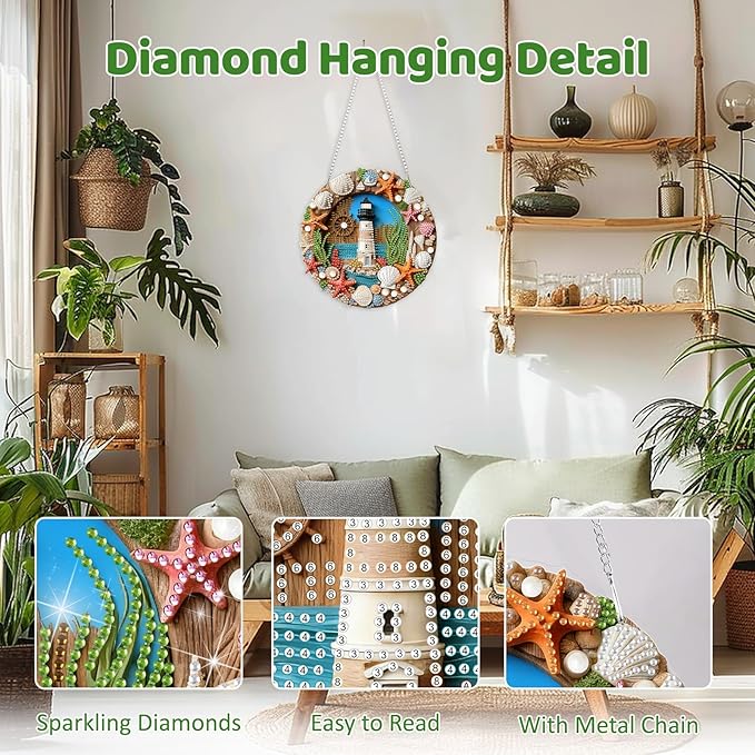 MEIYUDA Lighthouse Diamond Art Hanging Kits for Adult, Shell Starfish Wreath Diamond Painting Hanging Kits Ornaments, DIY Special Shaped Rhinestone Window Pendants Kit for Home Garden Wall Decor Gift