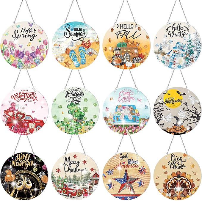 Cinnvoice 12 Pcs Seasonal Diamond Art Wreath Kits Holiday 5d DIY Diamond Art Hanging Signs Winter Spring Ornaments for Wall Door Decoration(Classic)