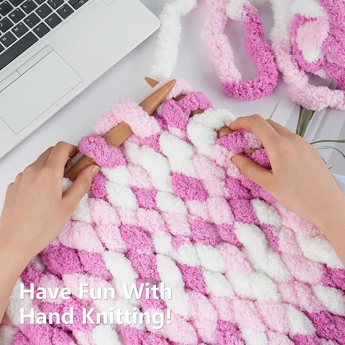 Chunky Yarn for Hand Knitting - #10 Chunky Chenille Blanket Yarn, Jumbo Big Thick Chunky Yarns for Crocheting, Tie Dye Bulky Knit Yarns, 8 Skein (25 yds 8 oz Each Skein), White & Pink & Rose