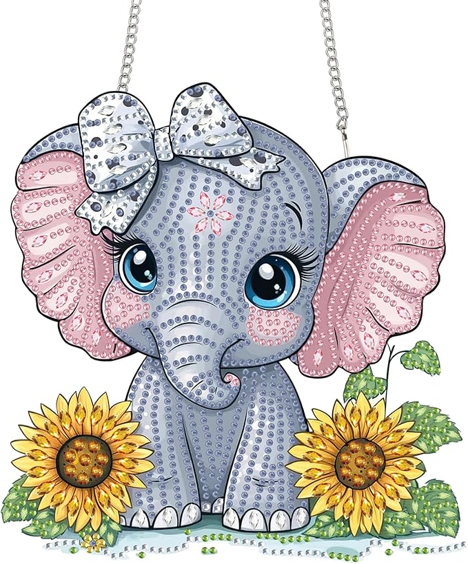Bimkole Elephant Diamond Art Hanging Kit for Adult, DIY 5D Sunflowers Diamond Art Painting Window Pendant, Acrylic Crystal Art Hanging Ornament for Wall Home Garden Front Door Decor - 7.8x7.8 Inch