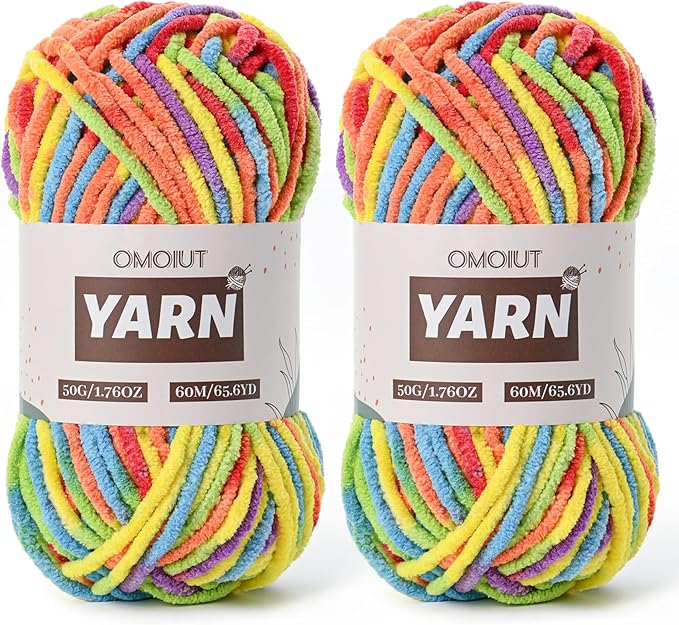 2 Packs Plush Chenille Chunky Crochet Yarn - Baby Yarn for Crocheting Soft - Velvet Yarns Knitting for Blankets Crafts - Fluffy Amigurumi Yarns 100g/131yds (2 Rainbow)