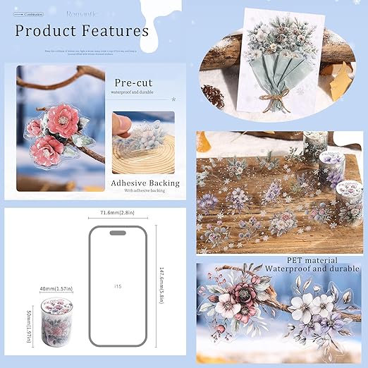 Winter PET Tape Stickers for Journaling Supplies, 6 Rolls Flower Snowflakes Scrapbook Stickers for Scrapbooking, Junk Journal Supplies, DIY Crafts, Plannner (Blossom)