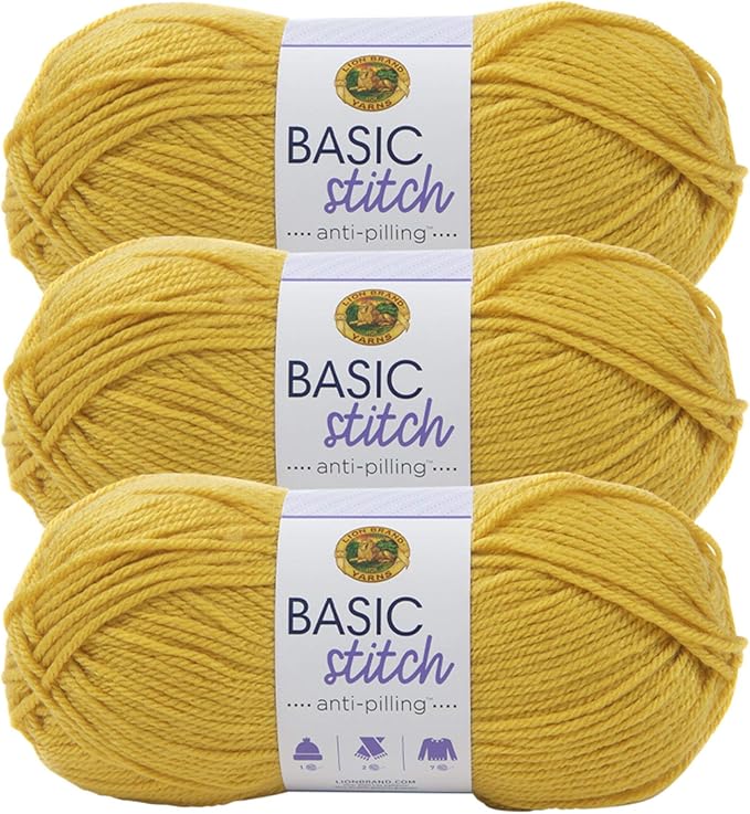 Lion Brand Yarn Basic Stitch Anti-Pilling Yarn for Crocheting, Knitting, and Crafts, Mustard, 3 Pack