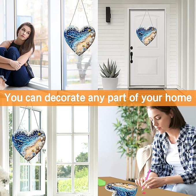 Ginfonr Diamond Painting Kits Hanging Pendant, Beach Diamond Art Kits for Adults, Special Shaped Rhinestone Valentine's Day Gift Diamond Art, Double Sided Summer Decor for Garden Window (8 x 8inch)