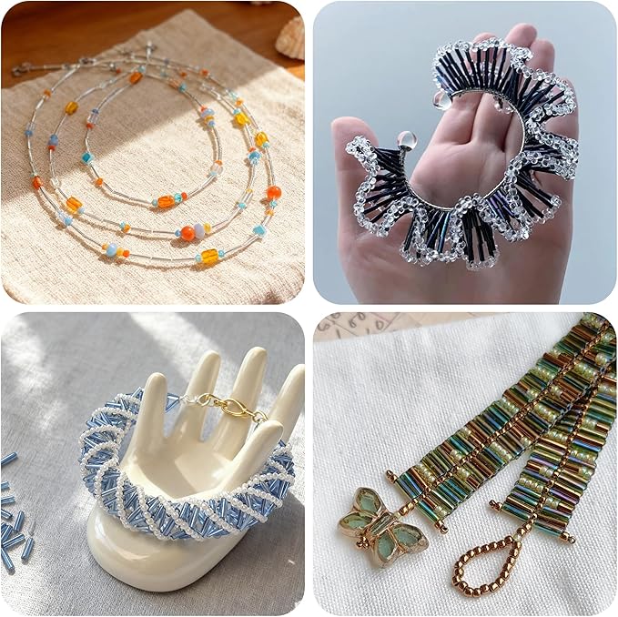 9600Pcs 7mm Tube Beads Kit Glass Bugle Seed Beads Small Craft Bead with Two Crystal String for Jewelry Making DIY Crafting Bracelet Necklaces Embroidery, Home Decoration (24 Colors)