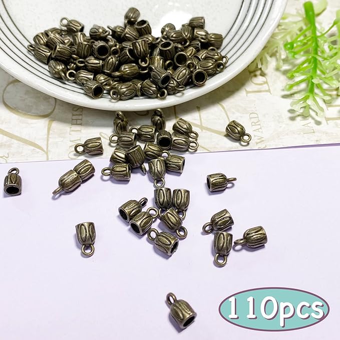 Bronze Barrel End Caps 110 pcs 3mm Leather Cord End Cap for Jewelry Making Small End Cap with Loop Finding Kit for Leather Tassels Bracelet DIY Craft Making Supplies