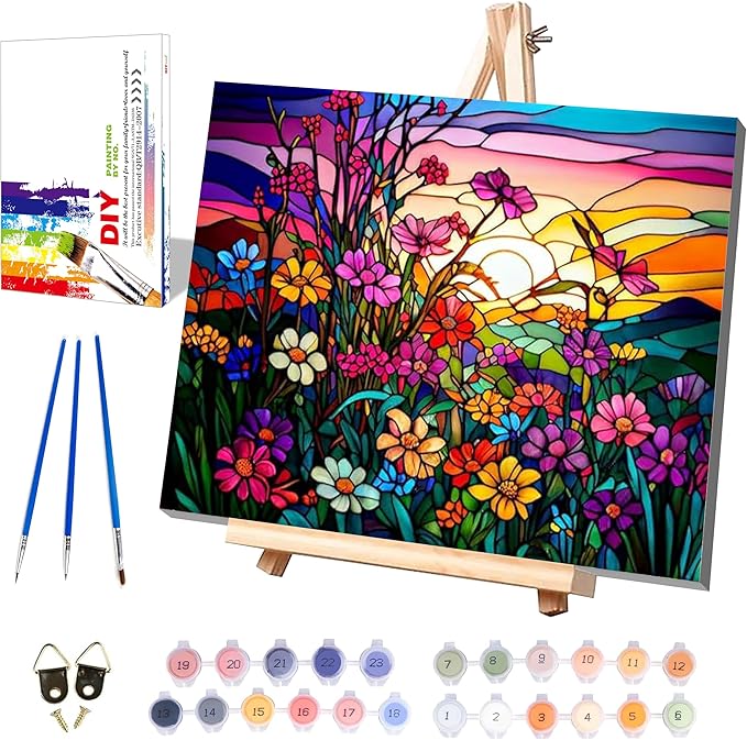 Flower Paint by Numbers for Adults with Framed Canvas-with Wooden Easel,Paint by Number on Canvas Stained Glass,DIY Acrylic Oil Painting Kits with Brushes Nice Gift Box for Home Wall Decor(16x20inch)