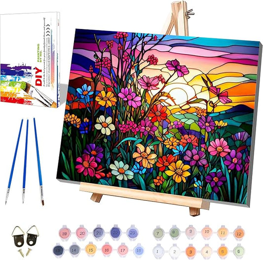 Flower Paint by Numbers for Adults with Framed Canvas-with Wooden Easel,Paint by Number on Canvas Stained Glass,DIY Acrylic Oil Painting Kits with Brushes Nice Gift Box for Home Wall Decor(16x20inch)