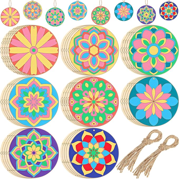Blosssound 40 Pcs Unfinished Wood Mandala to Paint Wooden Mandala Painting Crafts Diwali Art Slices for Adult to Relax Painting DIY Crafts Ornament Wedding Home Decorations, 4 Inch(Stylish)