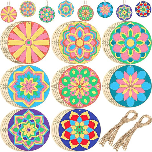 Blosssound 40 Pcs Unfinished Wood Mandala to Paint Wooden Mandala Painting Crafts Diwali Art Slices for Adult to Relax Painting DIY Crafts Ornament Wedding Home Decorations, 4 Inch(Stylish)