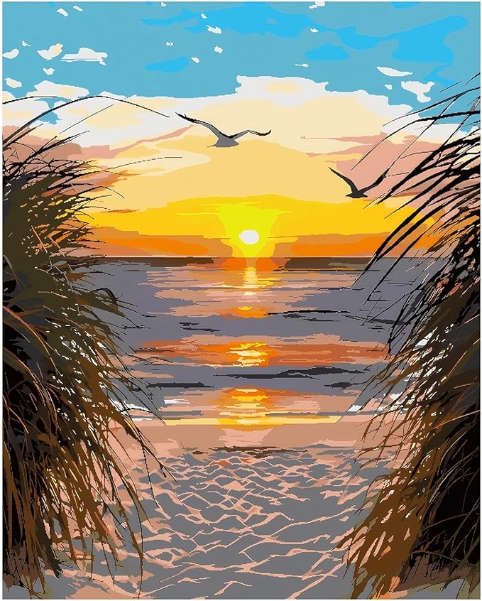NPCSWXQ Paint By Numbers Kit for Adults Beginners, Beach Sunset Oil Acrylic Painting Crafts Number Artist Paint Kit for Home Wall Bedroom Study or Office Decor Gift 16x20Inch