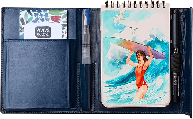 Viviva Colors A6 Travel Paint Set – Portable Watercolor Kit with 16 Colors, A6 Sketchpad, Leather Case, Waterbrush & Marker – Fun, Vibrant, Portable Travel Art Kit for Adults & Kids