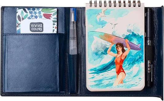 Viviva Colors A6 Travel Paint Set – Portable Watercolor Kit with 16 Colors, A6 Sketchpad, Leather Case, Waterbrush & Marker – Fun, Vibrant, Portable Travel Art Kit for Adults & Kids