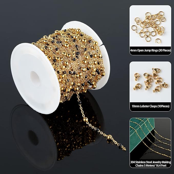 UMAOKANG 16.4 Feet Gold Chain for Jewelry Making Golden Black Ball Bead Link Chain Roll Necklace Anklet DIY Jewelry Supplies with Lobster Clasps and Jump Rings Bulk